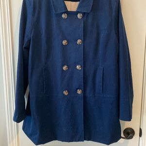 Hawthorne Navy Trench Coat. Double breasted, lines and comfy stretch.